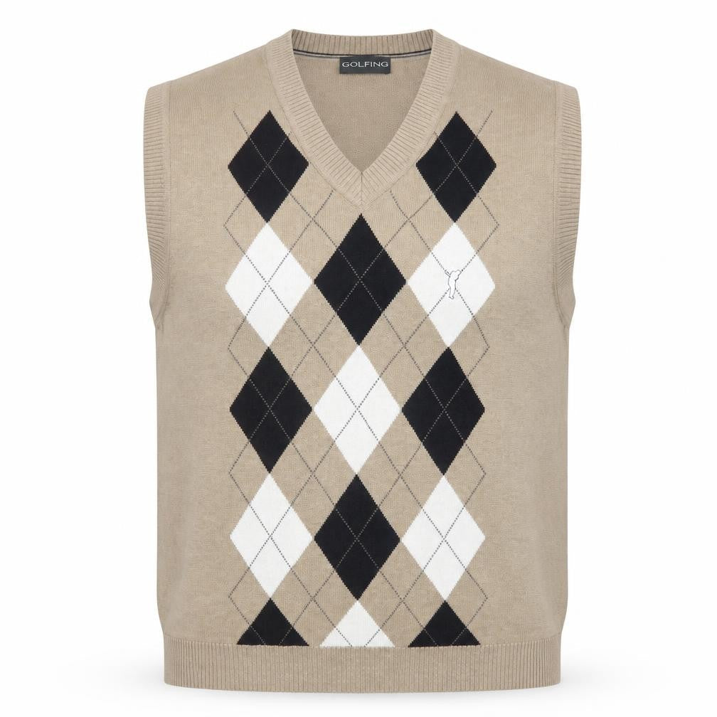 Golfino Men's Beige Argyle V-Neck Sleeveless Cotton Cashmere Golf Vest M