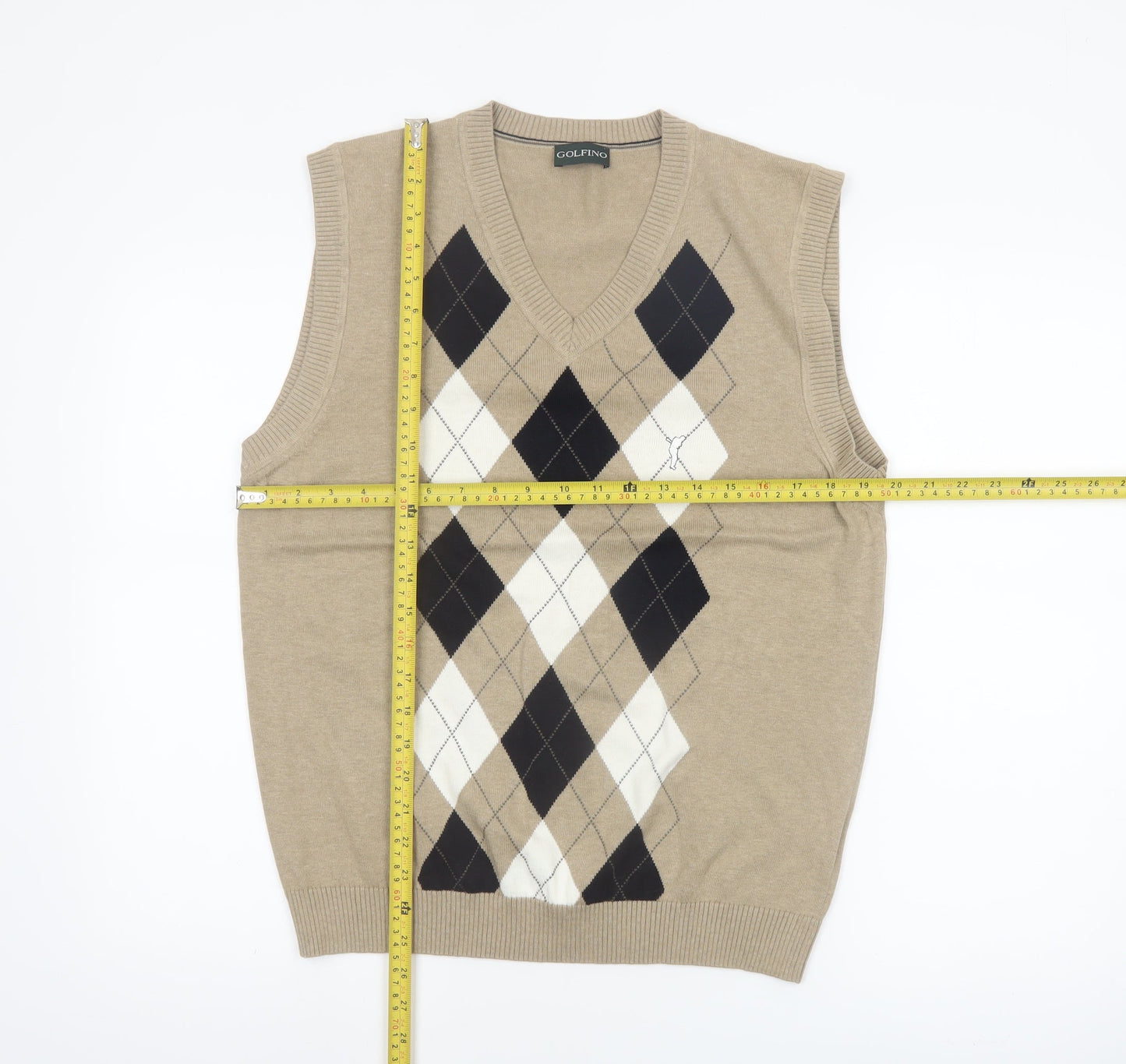 Golfino Men's Beige Argyle V-Neck Sleeveless Cotton Cashmere Golf Vest M