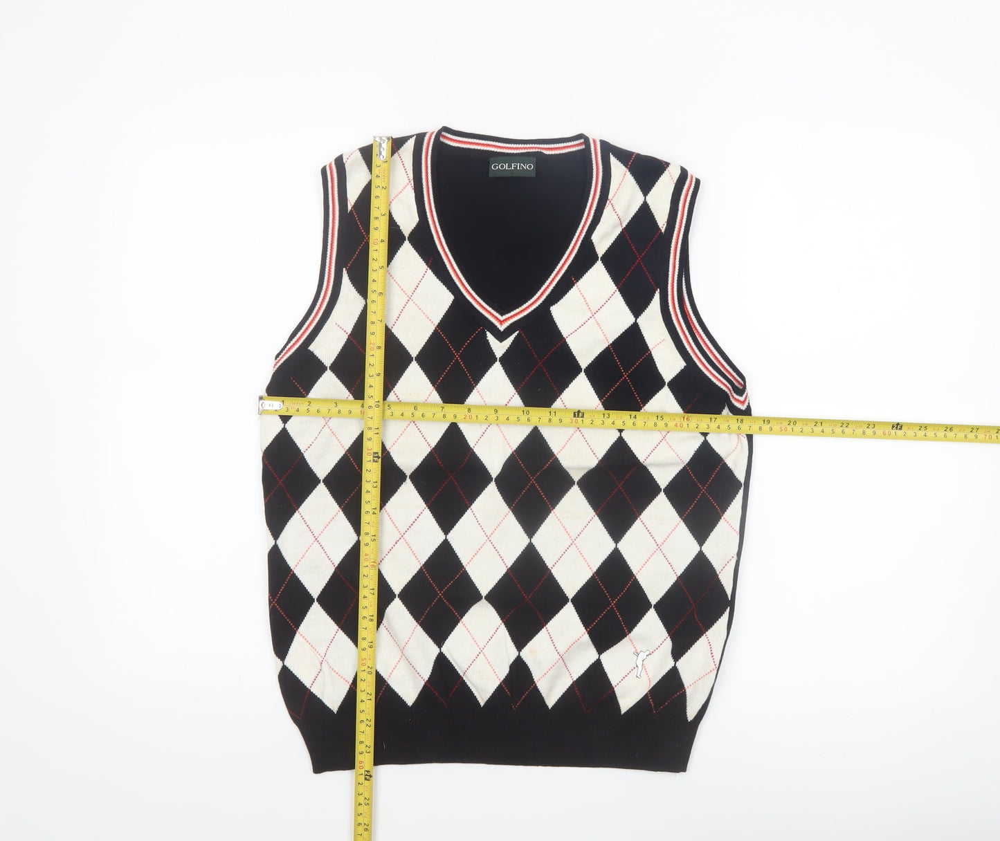 Golfino Womens Black Argyle Knit Cotton V-Neck Sleeveless Vest Size 16