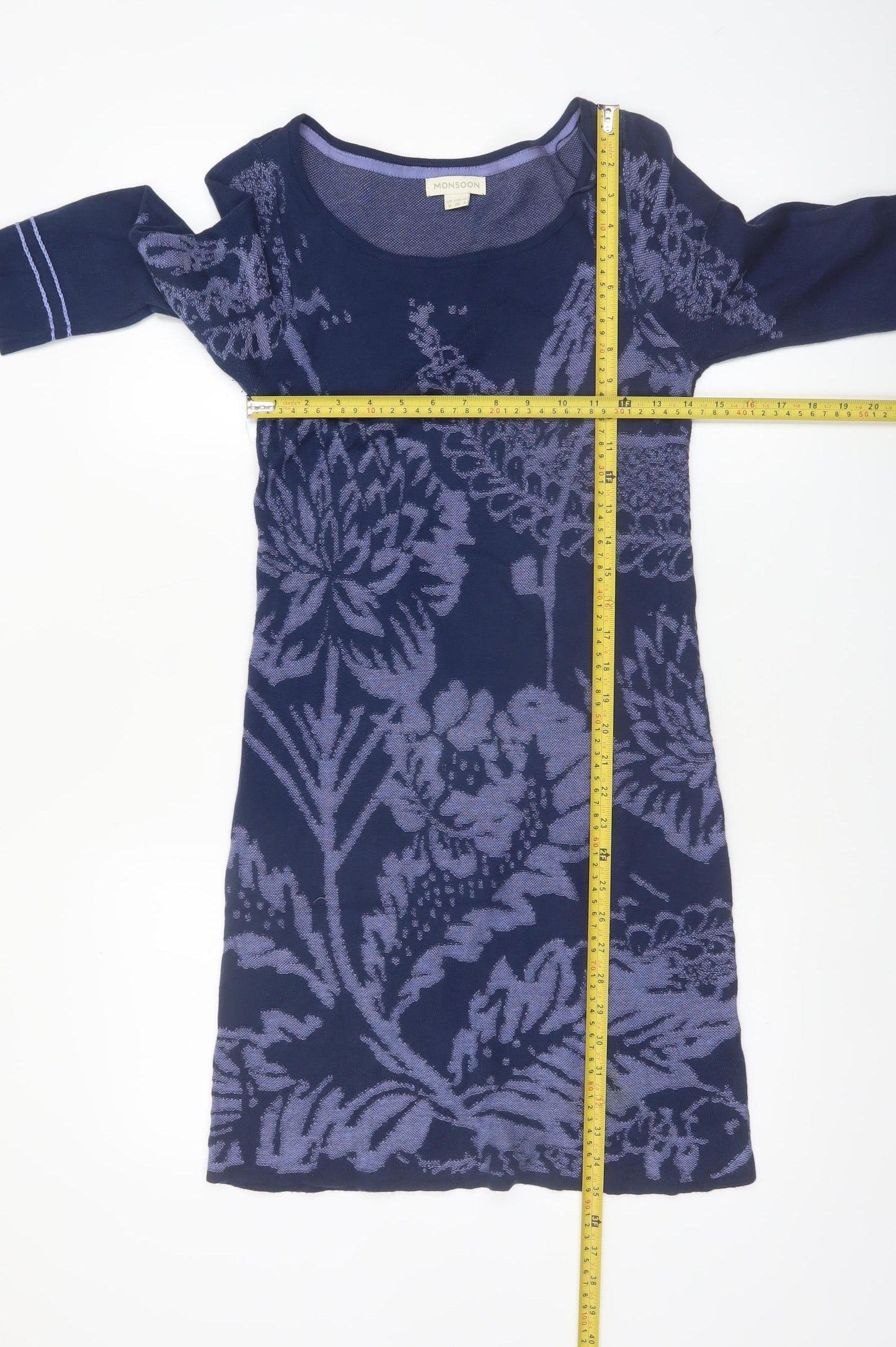 Monsoon Women Blue Floral Knit Shift Dress Size 8