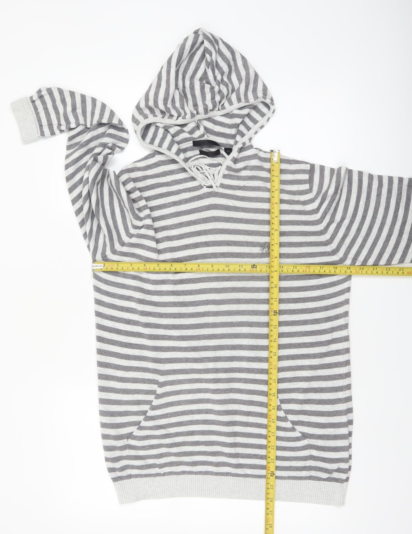 Soviet Men Grey Stripe Hooded Cotton Pullover Jumper M
