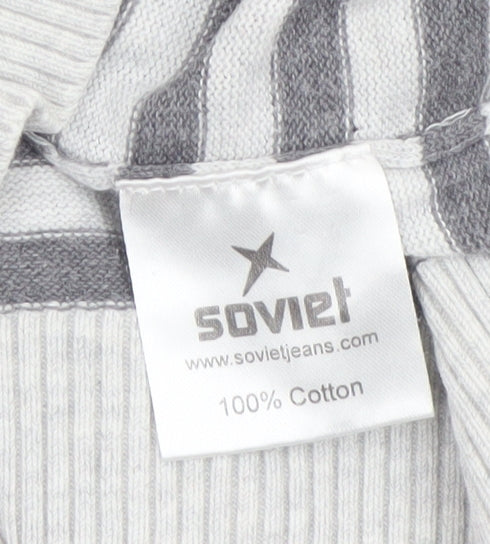 Soviet Men Grey Stripe Hooded Cotton Pullover Jumper M