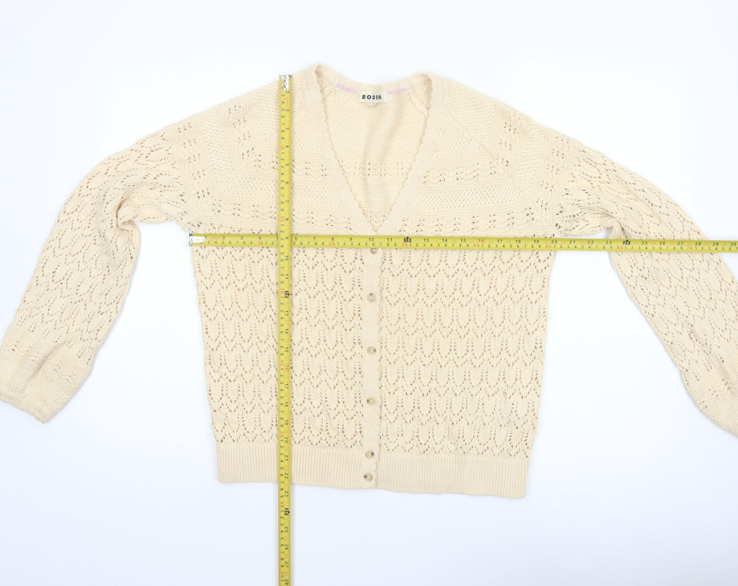 Boden Women Beige Cotton V-Neck Cardigan M Long Sleeve Knit