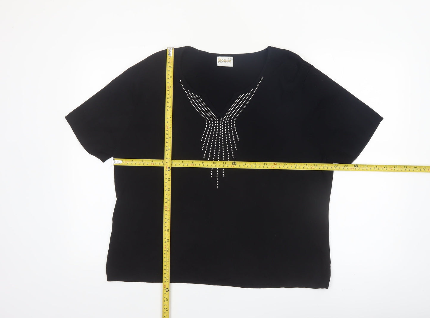 Roman Originals Women's Black L Basic Beaded V-Neck T-Shirt