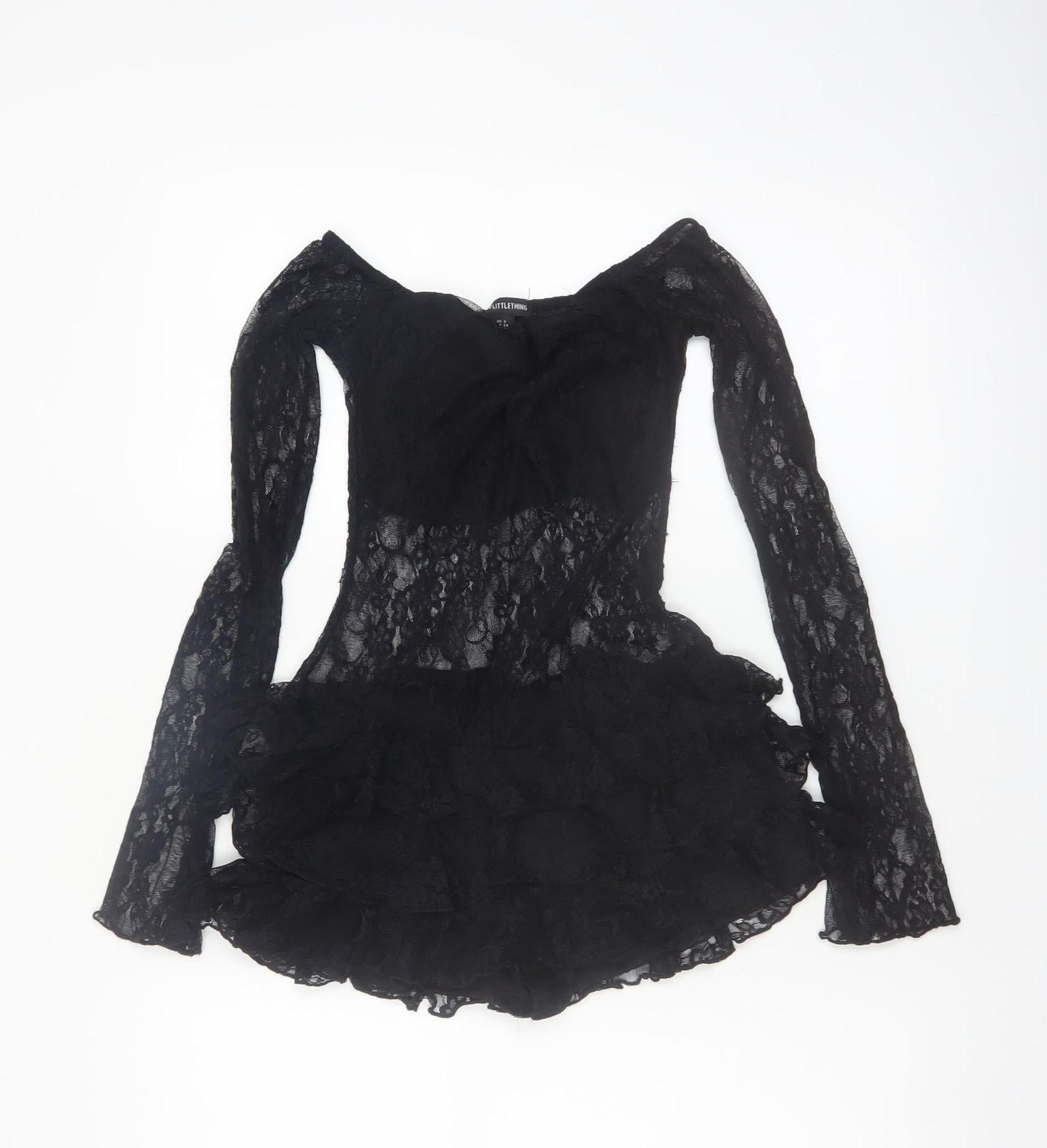 PrettyLittleThing Womens Black Lace Long Sleeve Playsuit UK 6