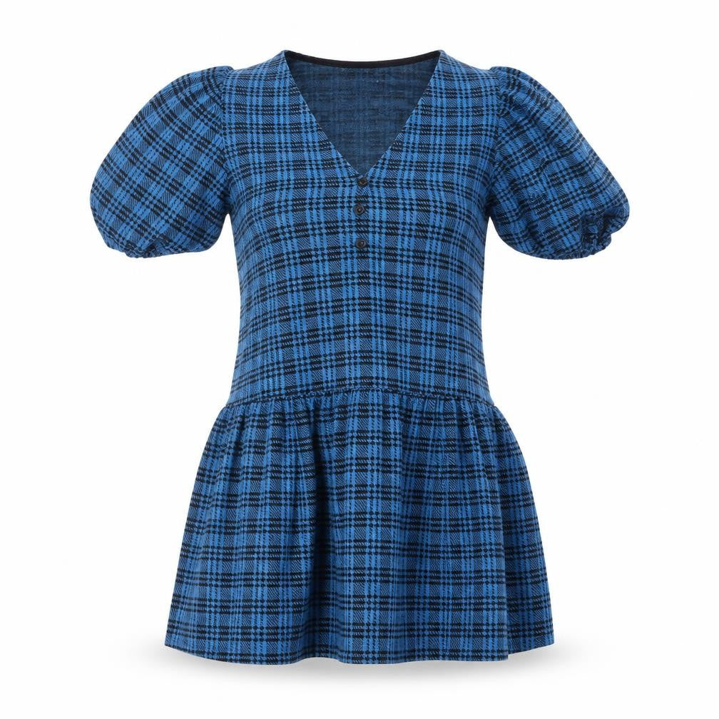 Front view of ASOS Design Women's Blue Check Puff Sleeve Skater Dress, size 8