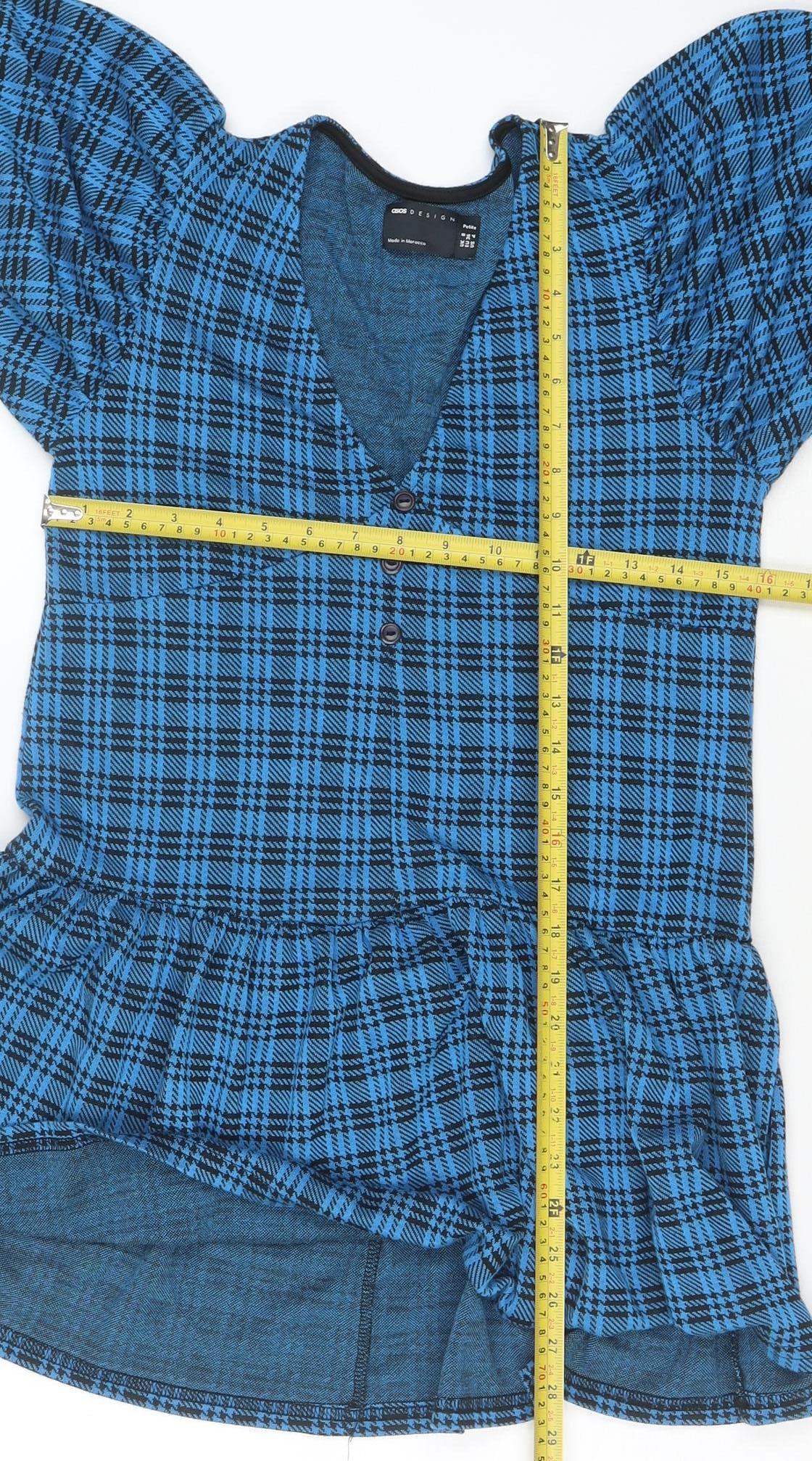 ASOS Design Women's Blue Check Puff Sleeve Skater Dress Size 8