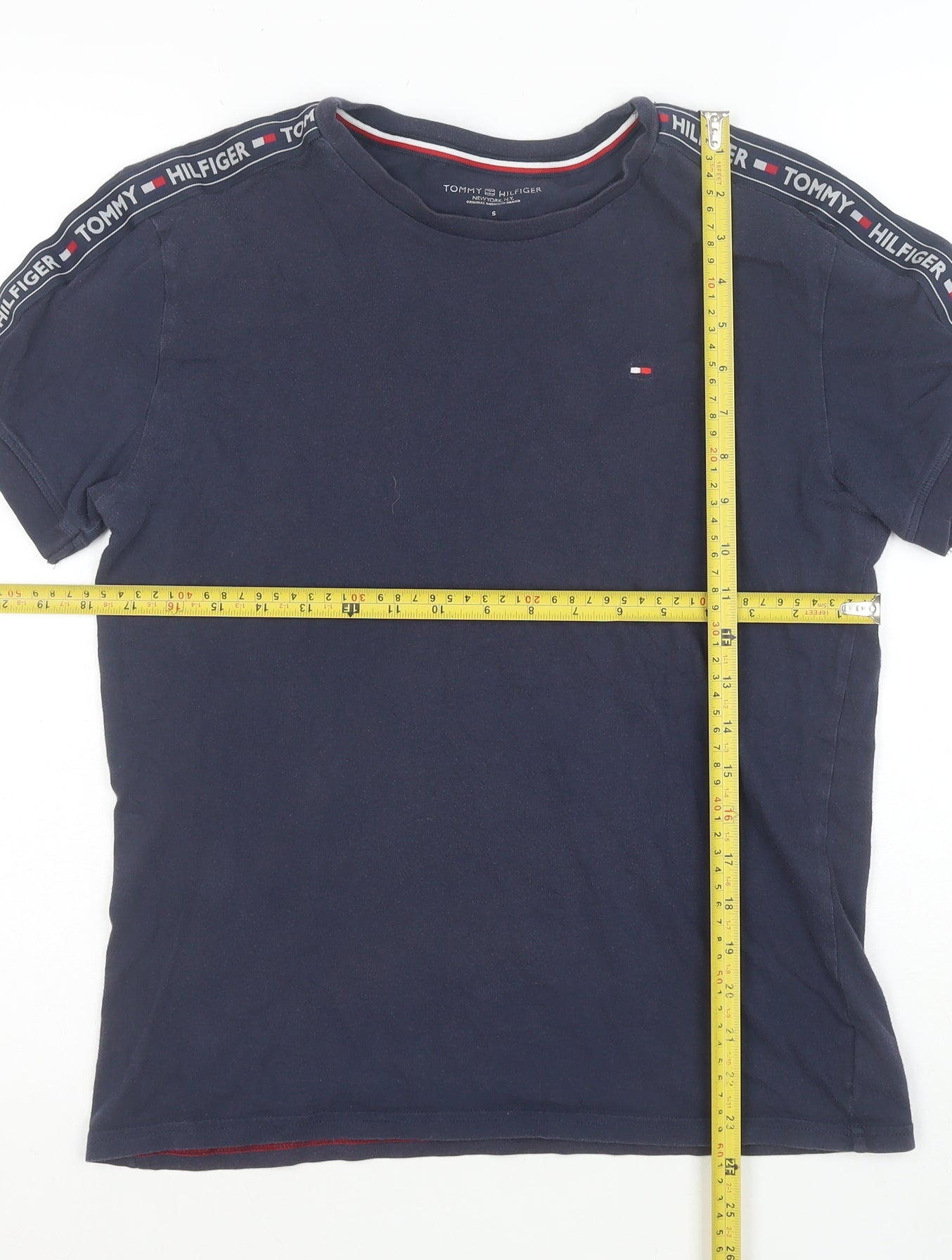 Tommy Hilfiger Men Navy Blue Short Sleeve Logo Tape Cotton T-Shirt S