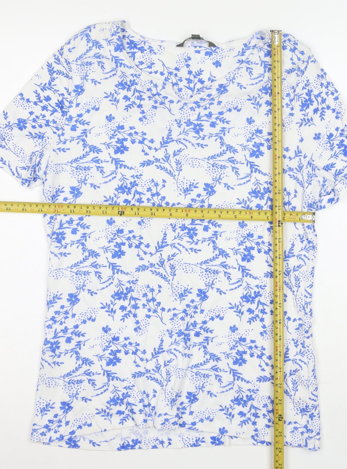 Bonmarche Women's Blue Floral Cotton V-Neck T-Shirt Size 16