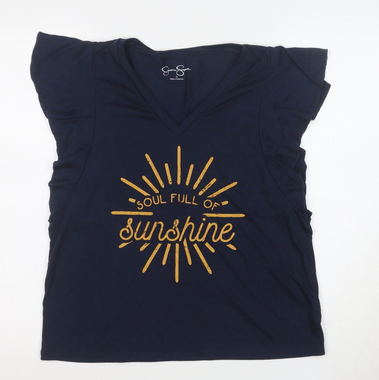 Jessica Simpson Women Blue V-Neck Quote T-Shirt Size M