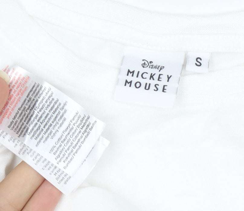 Brand and care label for Disney Women’s White Mickey Mouse Short Sleeve Cotton T-Shirt S