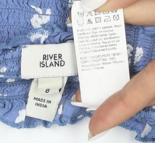 River Island Women’s Blue Floral Cropped Puff Sleeve Blouse Size 8