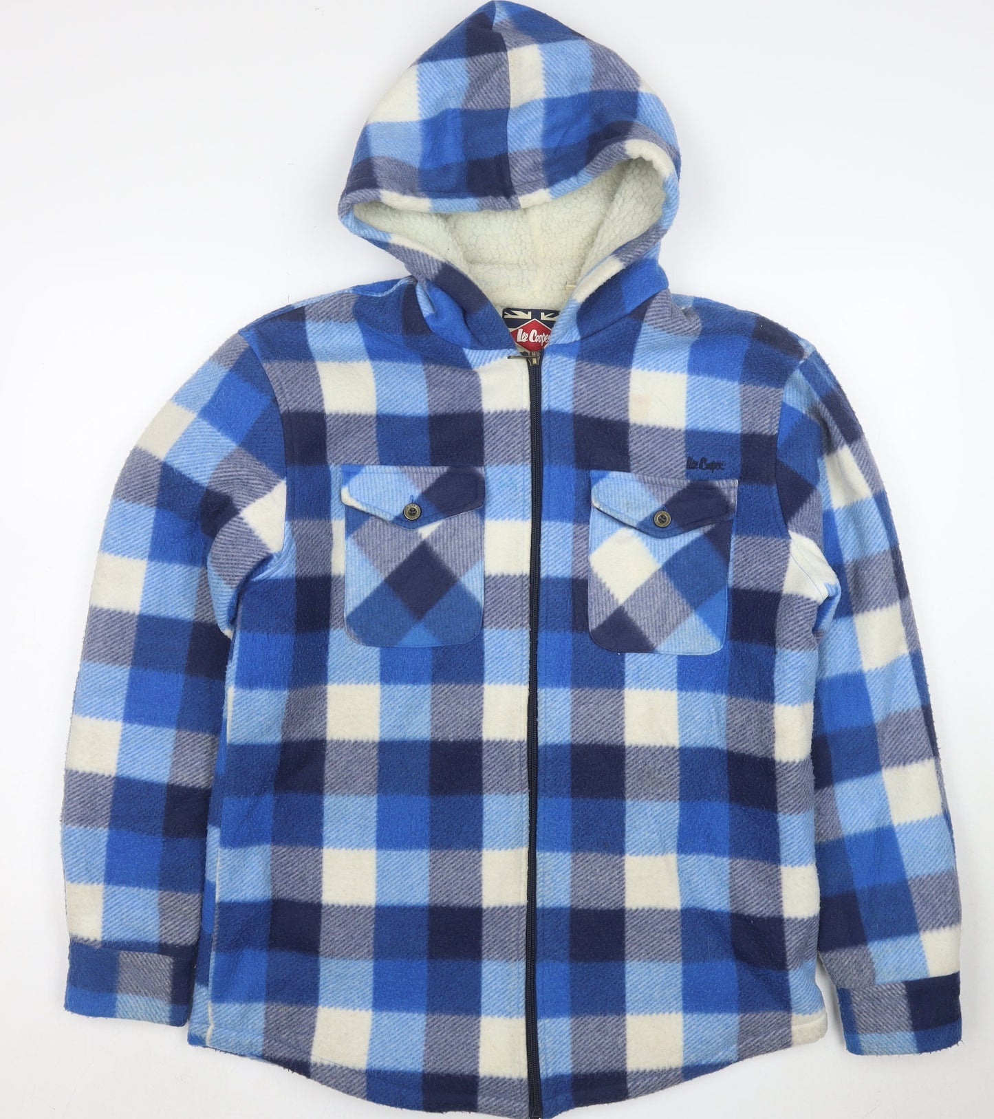 Lee Cooper Men's Blue Check Fleece Hooded Jacket Size M
