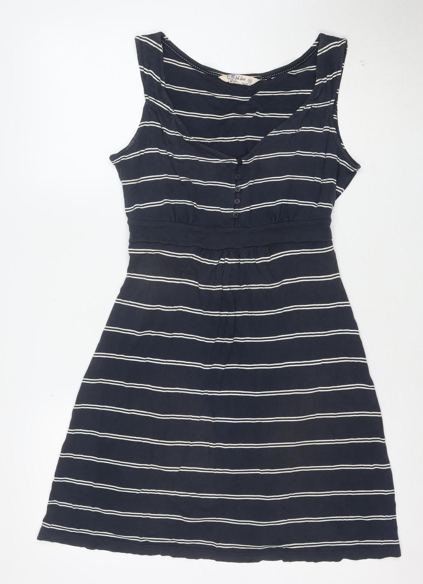 Fat Face Women Blue Striped A-Line Cotton Knee Length Dress Size 12