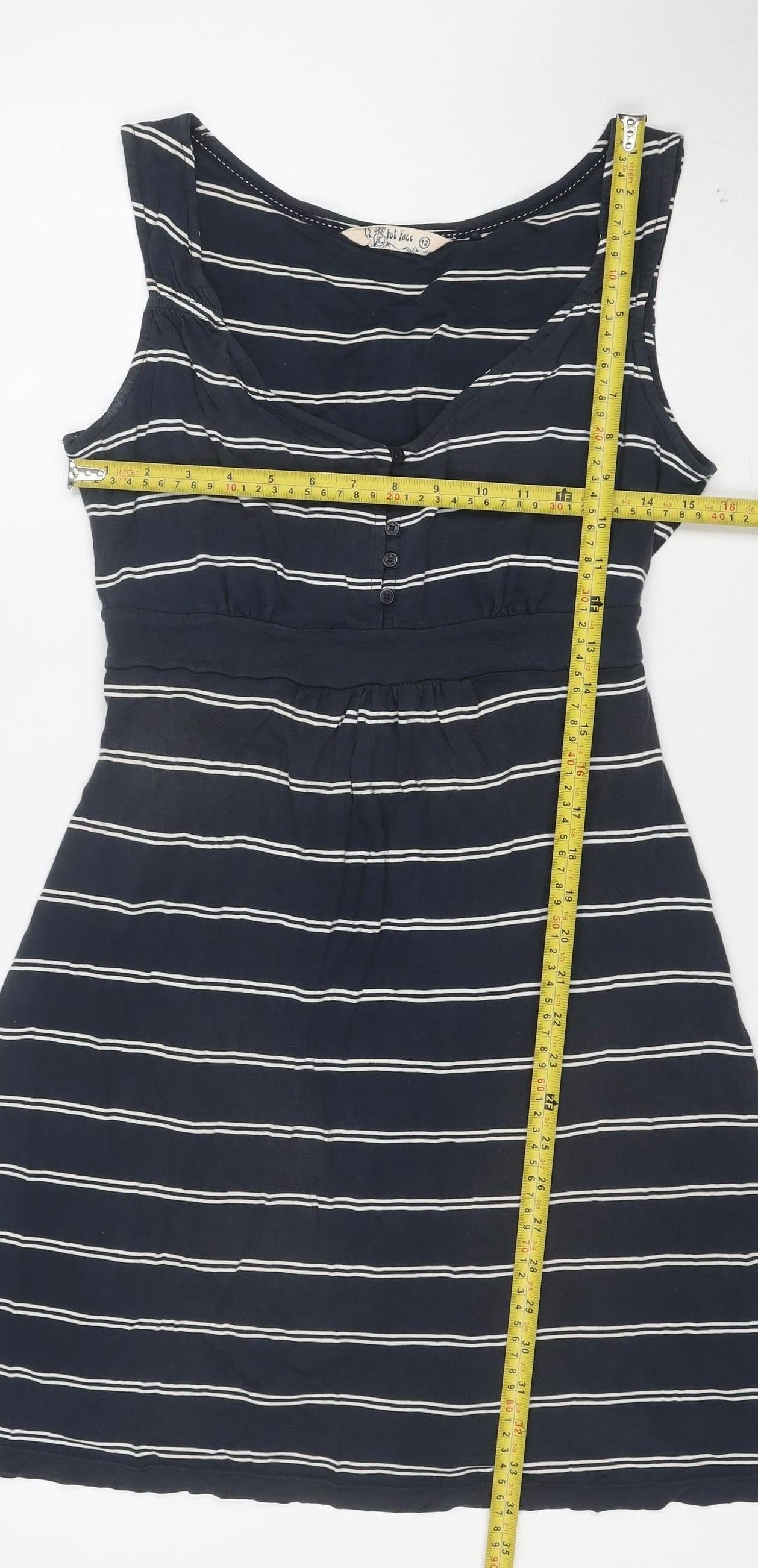 Fat Face Women Blue Striped A-Line Cotton Knee Length Dress Size 12