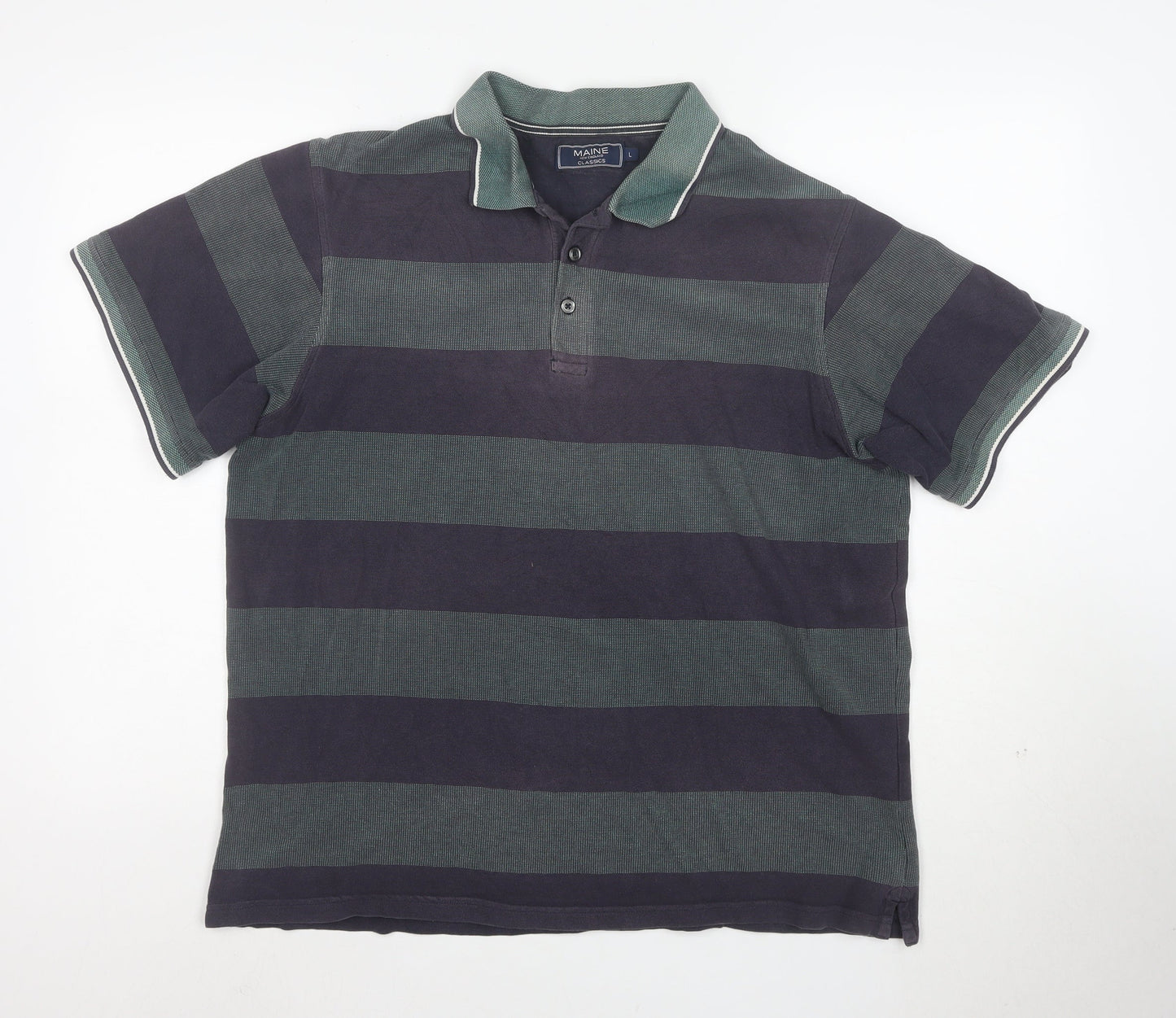 Maine New England Mens Blue Green Striped Polo Shirt L Cotton Classic Fit