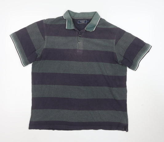Maine New England Mens Blue Green Striped Polo Shirt L Cotton Classic Fit