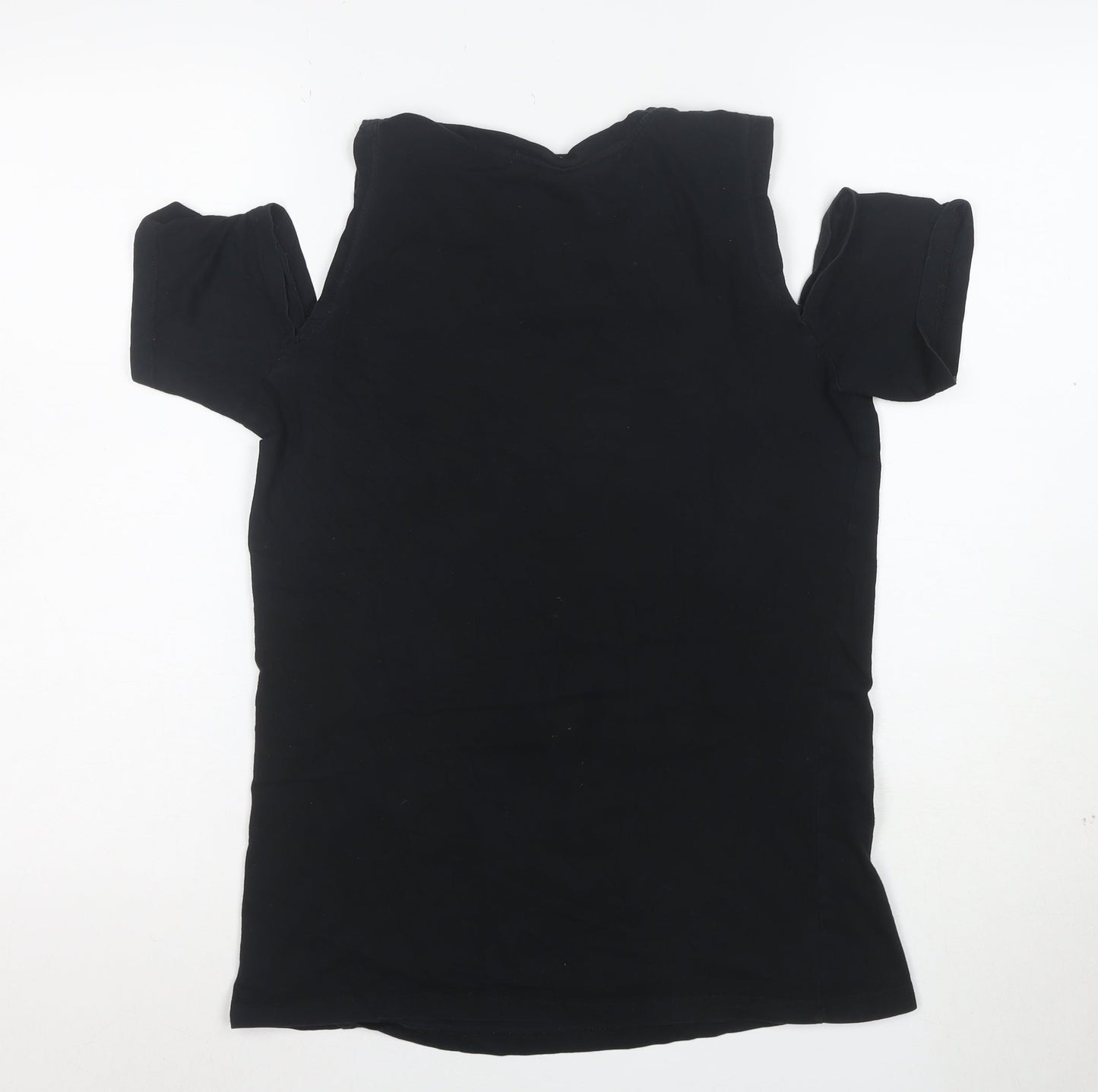 Restyle Women’s Black Gothic Cat Graphic Cold Shoulder Cotton T-Shirt Size S