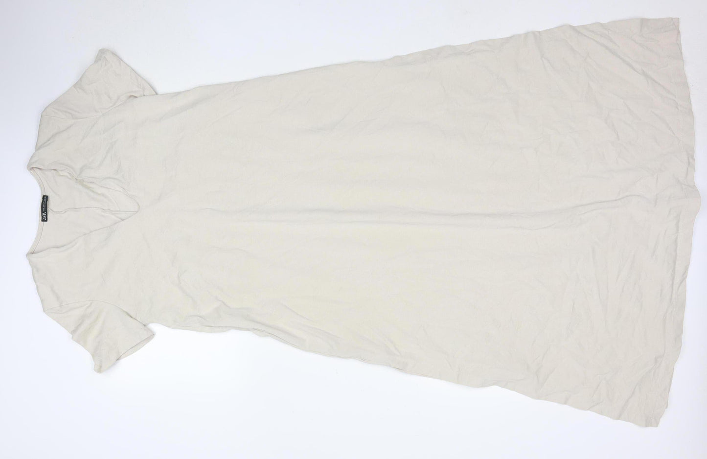 Zara Women Beige Long Cotton Shift Dress Size S Short Sleeve V-Neck