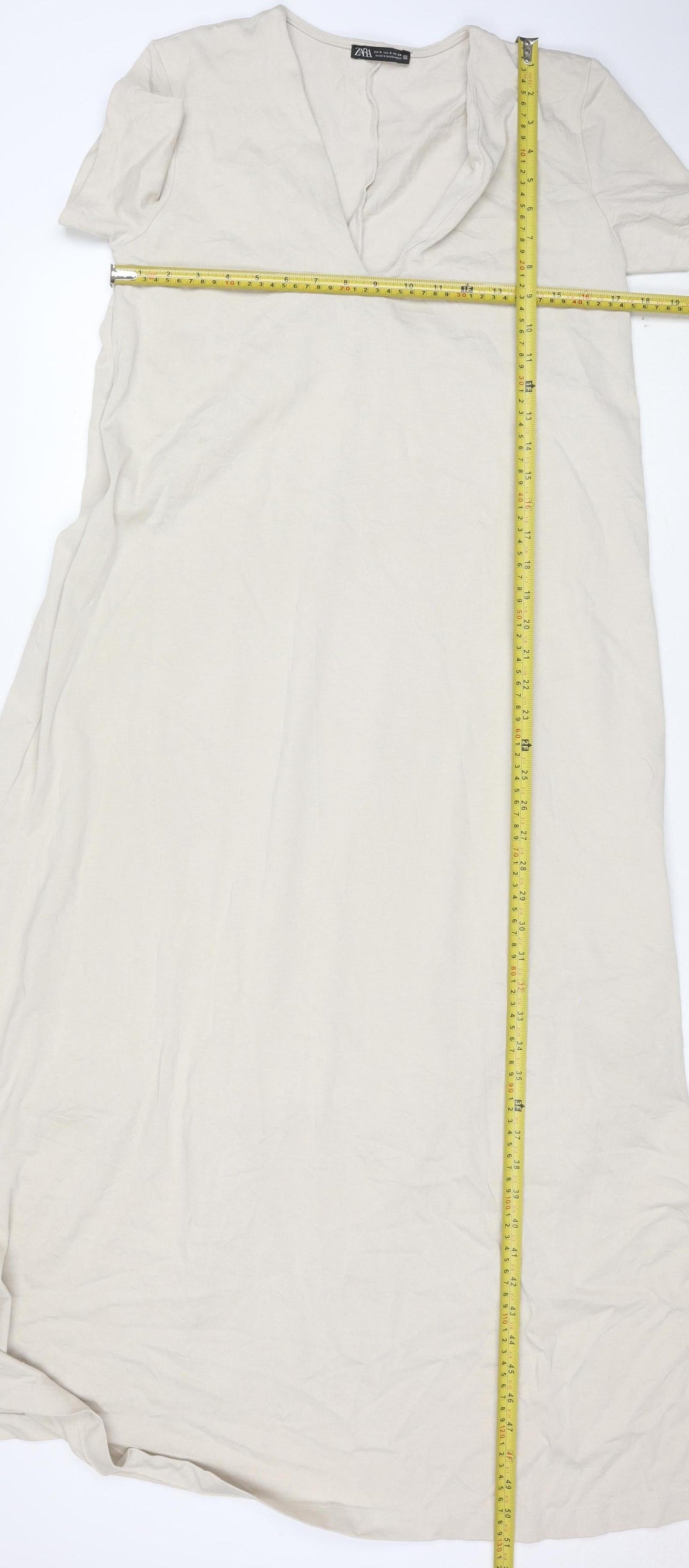 Zara Women Beige Long Cotton Shift Dress Size S Short Sleeve V-Neck