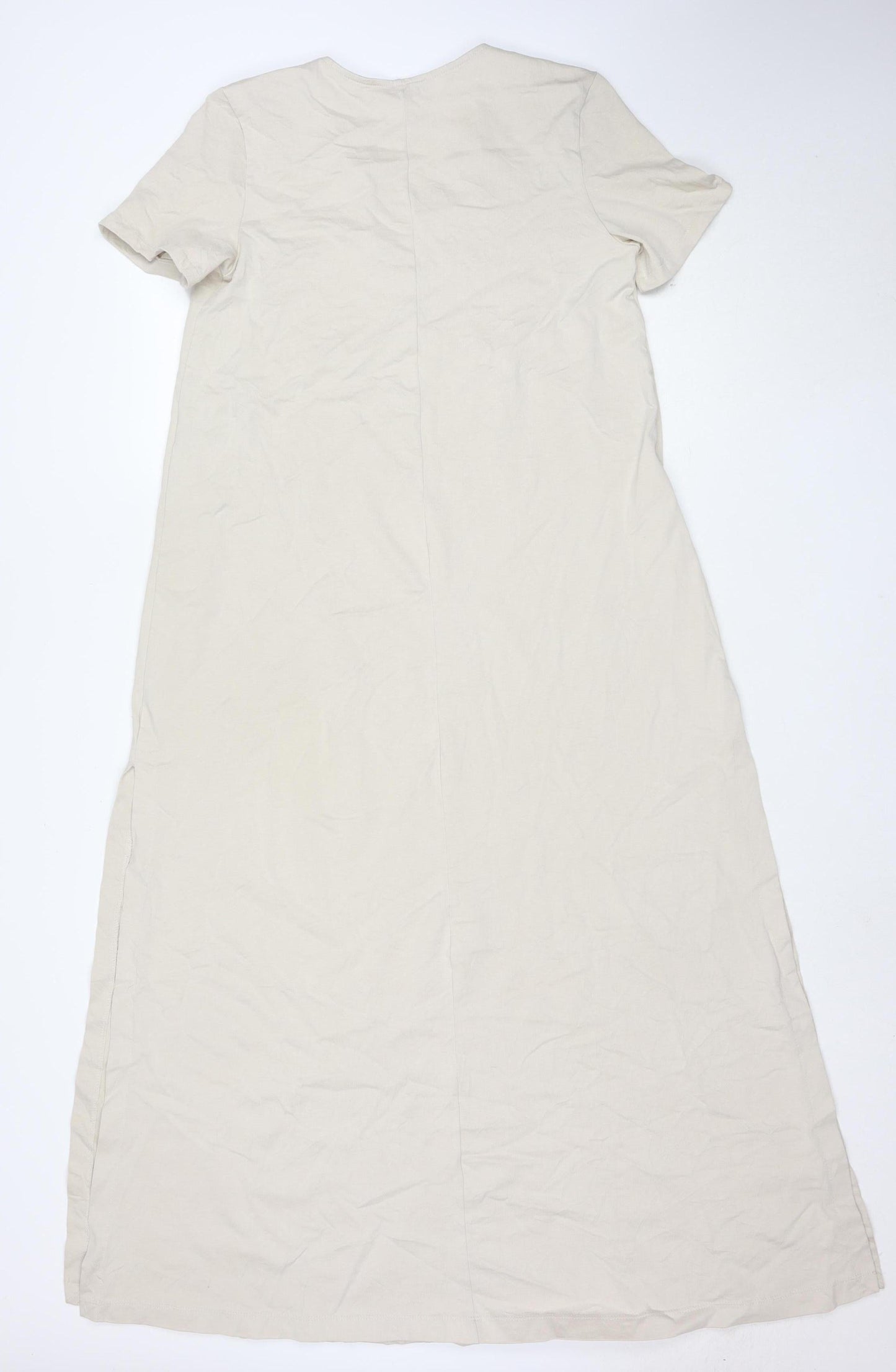 Zara Women Beige Long Cotton Shift Dress Size S Short Sleeve V-Neck