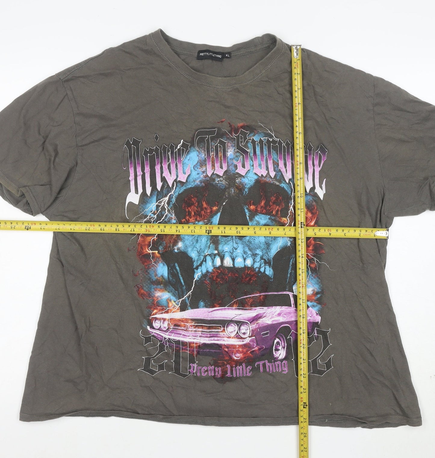 PrettyLittleThing Mens Grey XL Graphic Skull Car Relaxed Fit T-Shirt