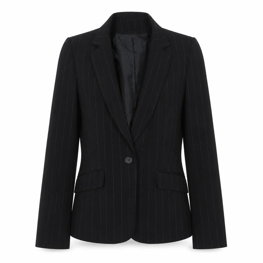 Front view of Dorothy Perkins Women’s Black Pinstripe Blazer, size UK 10, Regular Fit