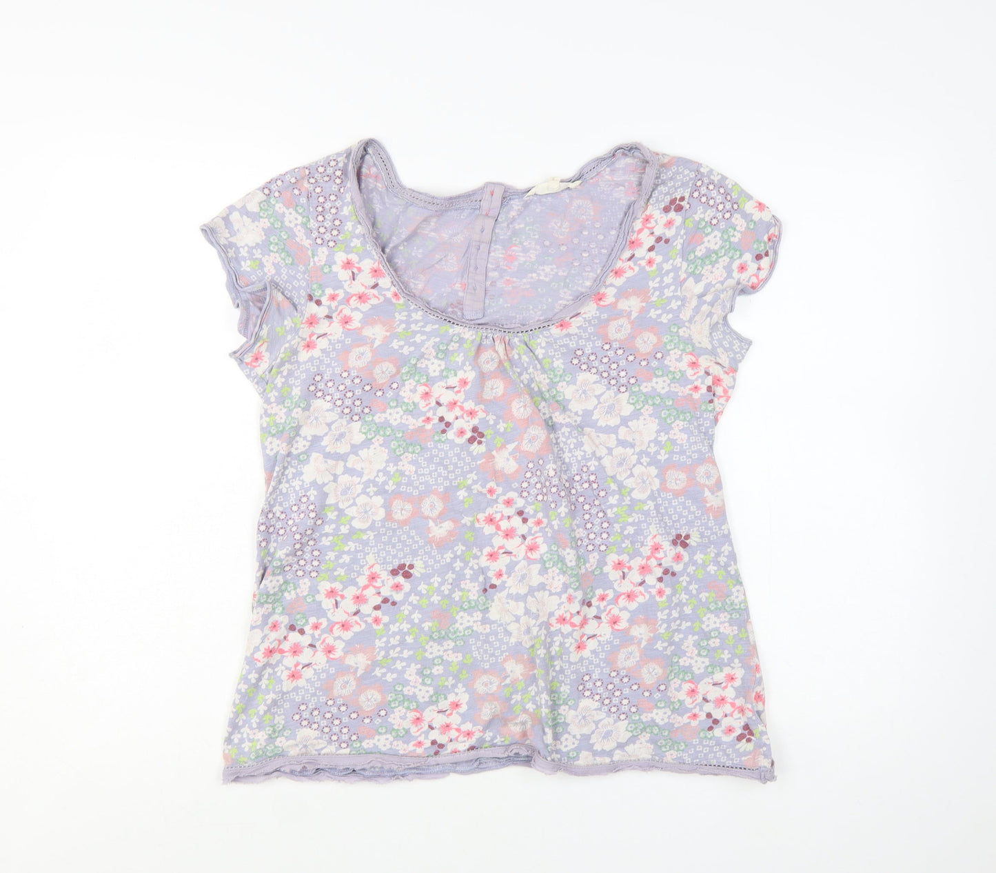 White Stuff Women Purple Floral 100% Cotton T-Shirt Size 14
