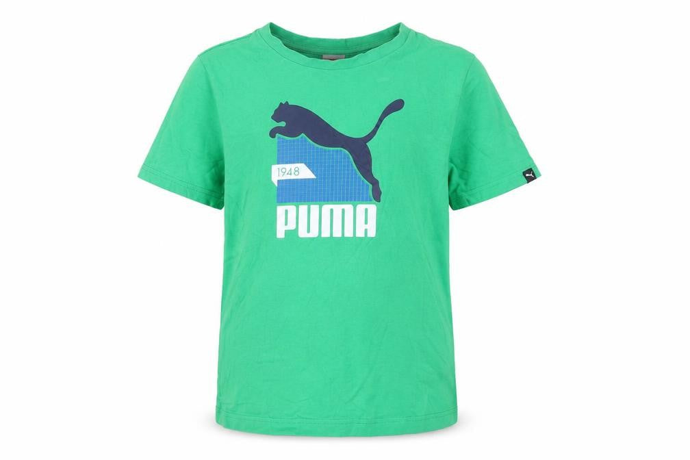 Front view of Puma boys’ green short sleeve crew neck graphic print t-shirt, size 12