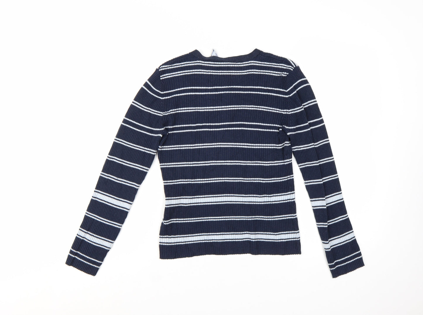 Faded Glory Women Blue Striped V-Neck Lace-Up Pullover Jumper M
