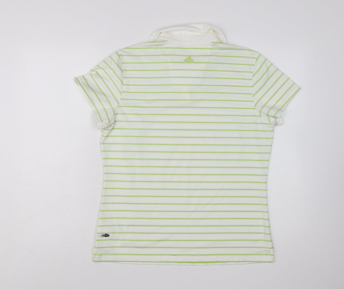 Adidas Womens White Green Striped Polo Shirt Size L ClimaCool