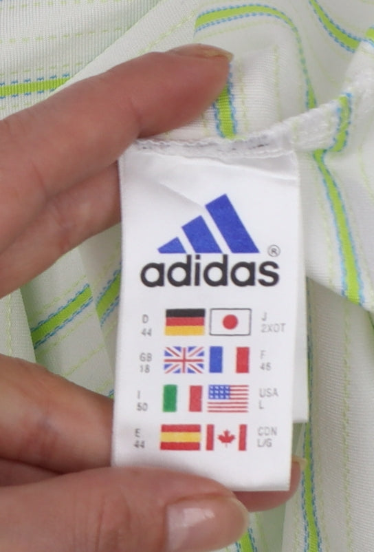 Adidas Womens White Green Striped Polo Shirt Size L ClimaCool
