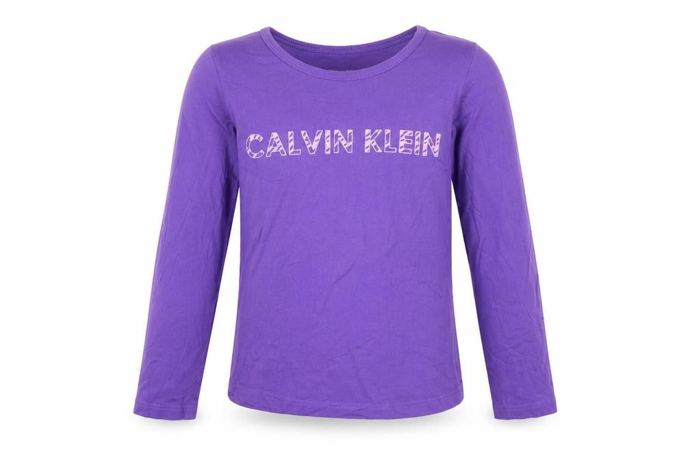 Front view of Calvin Klein girls’ purple long sleeve cotton t-shirt, size 8-10, years