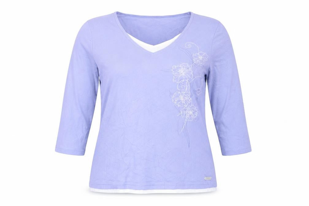 Front view of Maine New England Women's Purple 3/4 Sleeve V-Neck Cotton T-Shirt, size 14