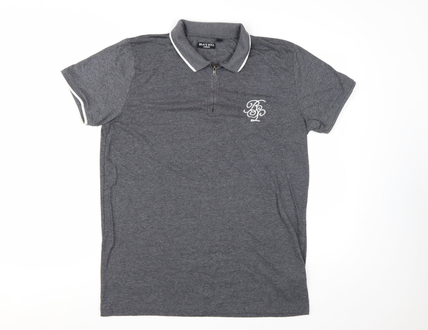 Brave Soul Men's Grey 1/4 Zip Polo Shirt Size L Regular Fit