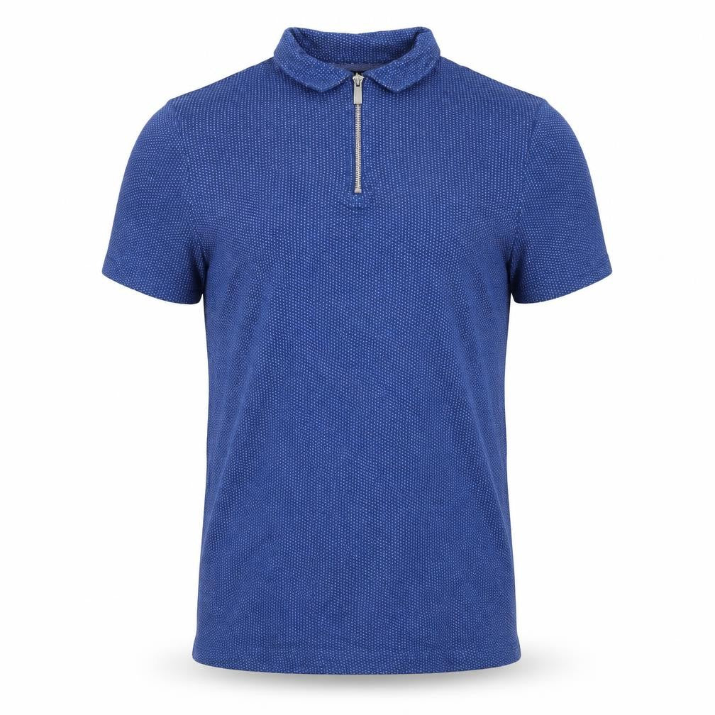 Front view of boohooMAN Men's Blue Short Sleeve Polo Shirt, size S, Zip Collar