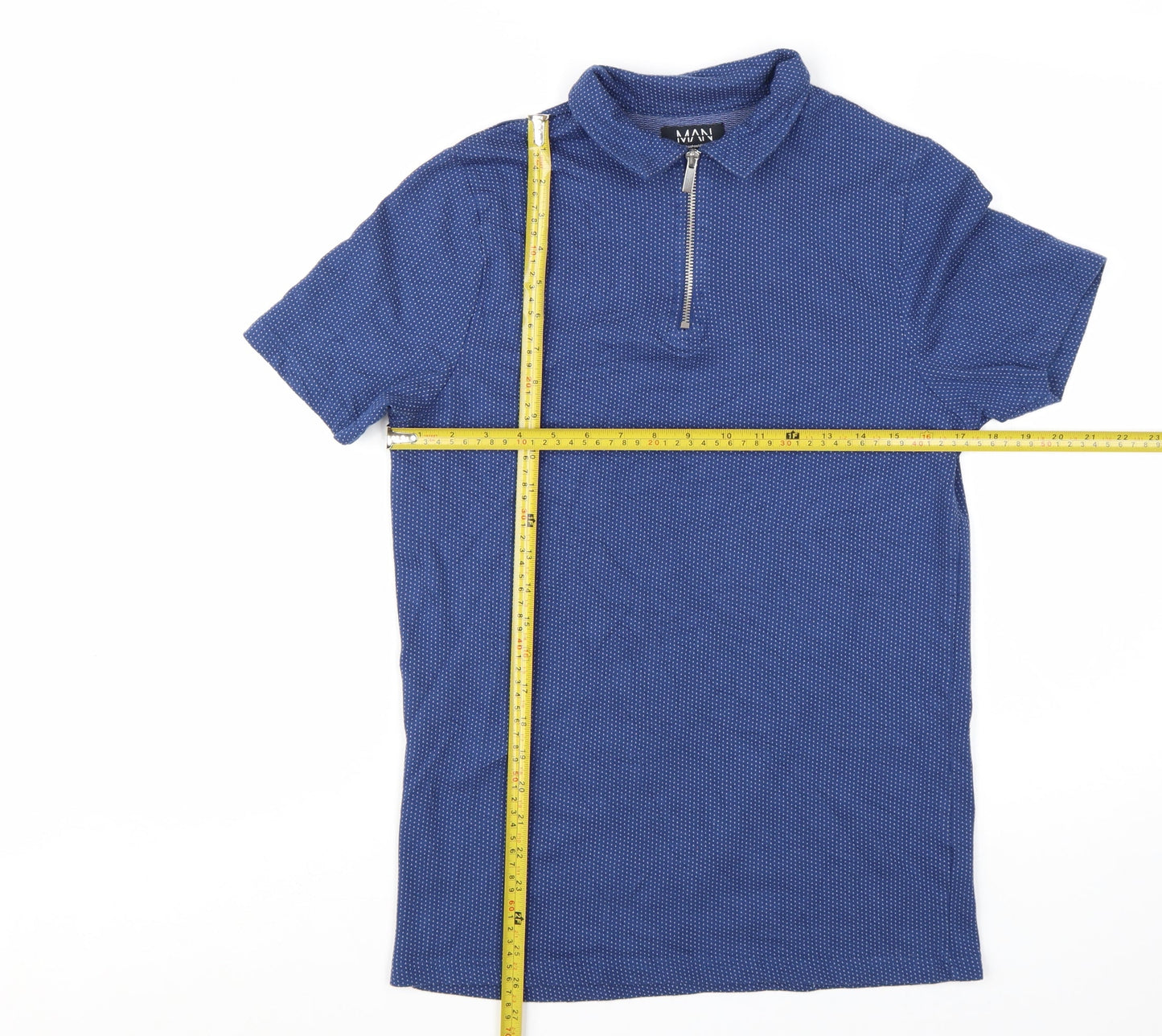BoohooMAN Men's Blue Short Sleeve Polo Shirt Size S Zip Collar