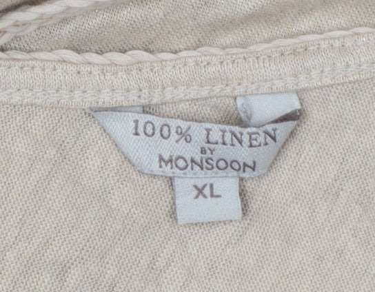 Monsoon Women's Beige Linen Crochet Neck Short Sleeve Top XL