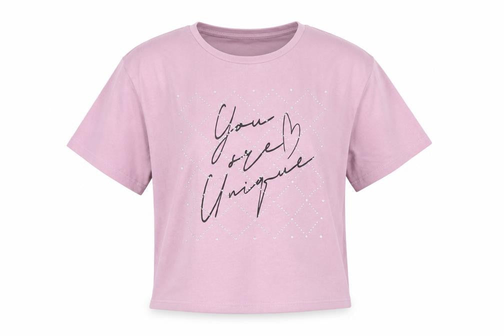 Front view of Candy Couture girls’ pink cropped graphic t-shirt 12 years rhinestone detail