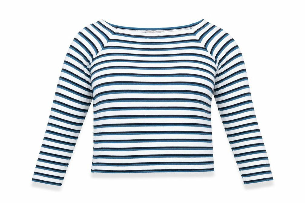 Marks & Spencer Women Blue Striped Boat Neck Long Sleeve T-Shirt Size 18