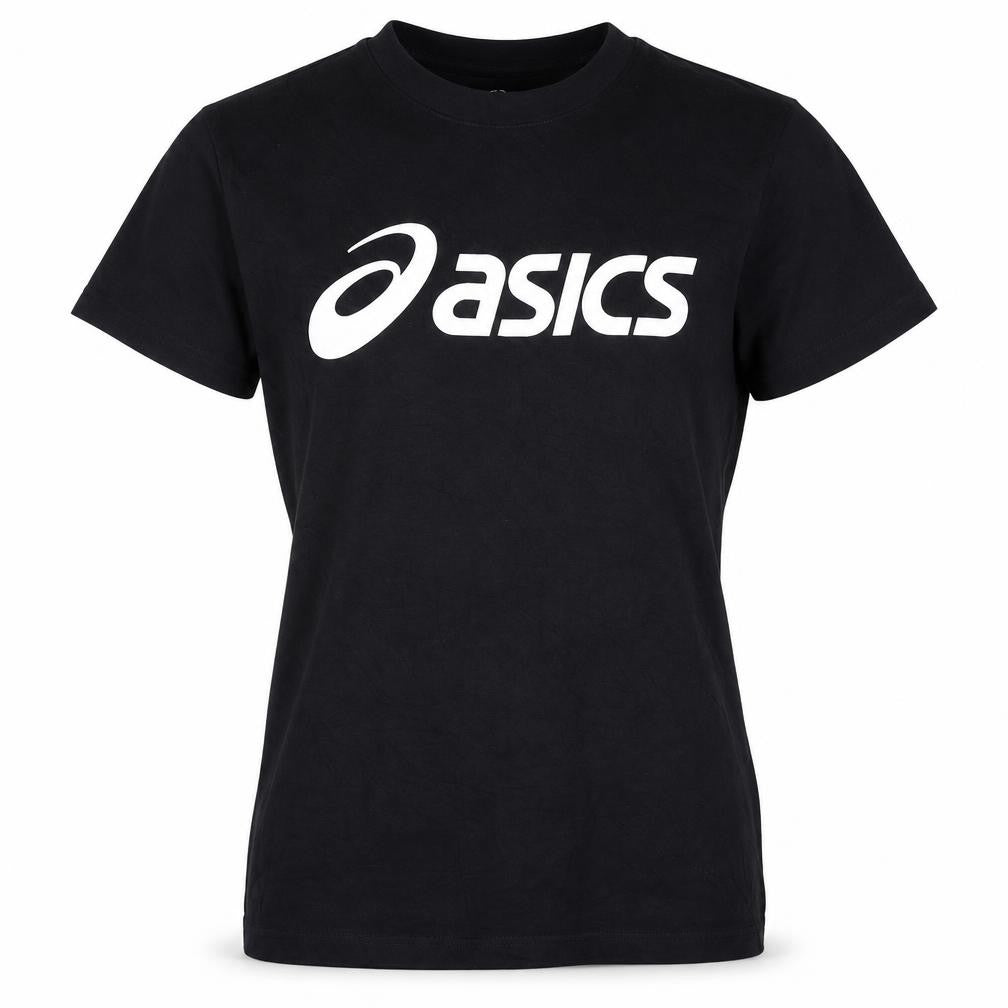 Front view of Asics women’s black small basic sports logo cotton t-shirt