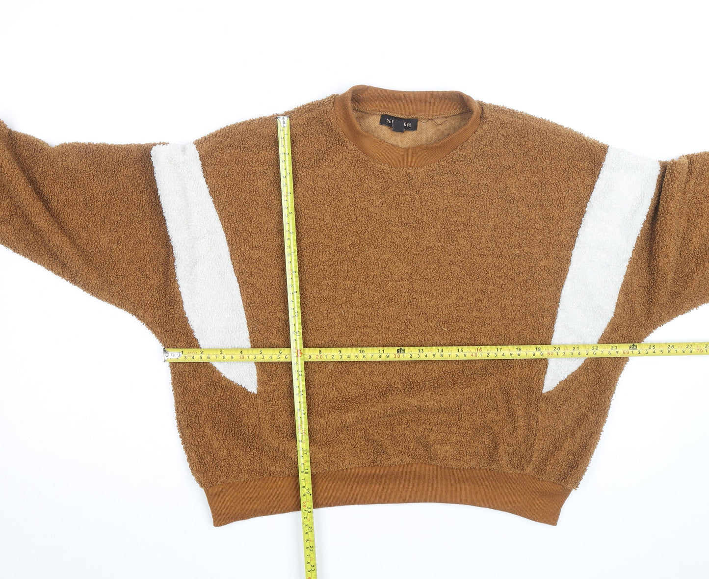 QED London Men's Brown Crew Neck Fleece Jumper M/L Relaxed Fit