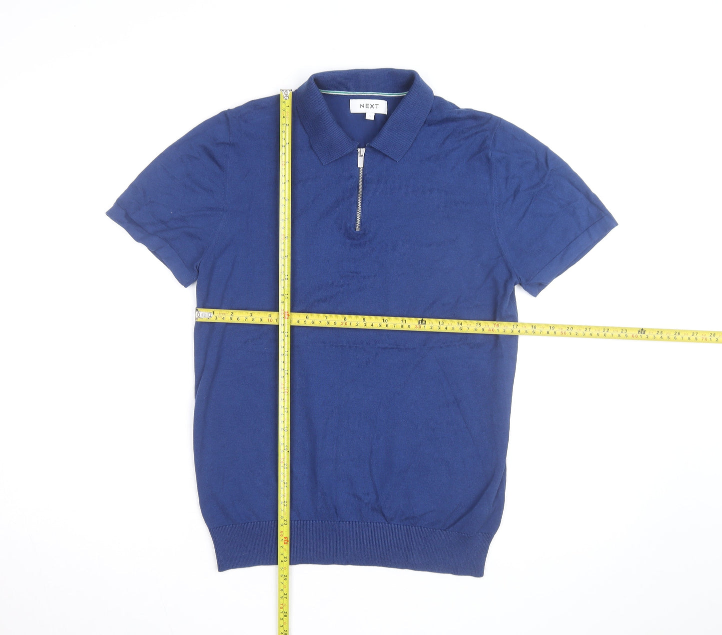Next Men’s Blue Cotton Silk 1/4 Zip Short Sleeve Polo Shirt Size S