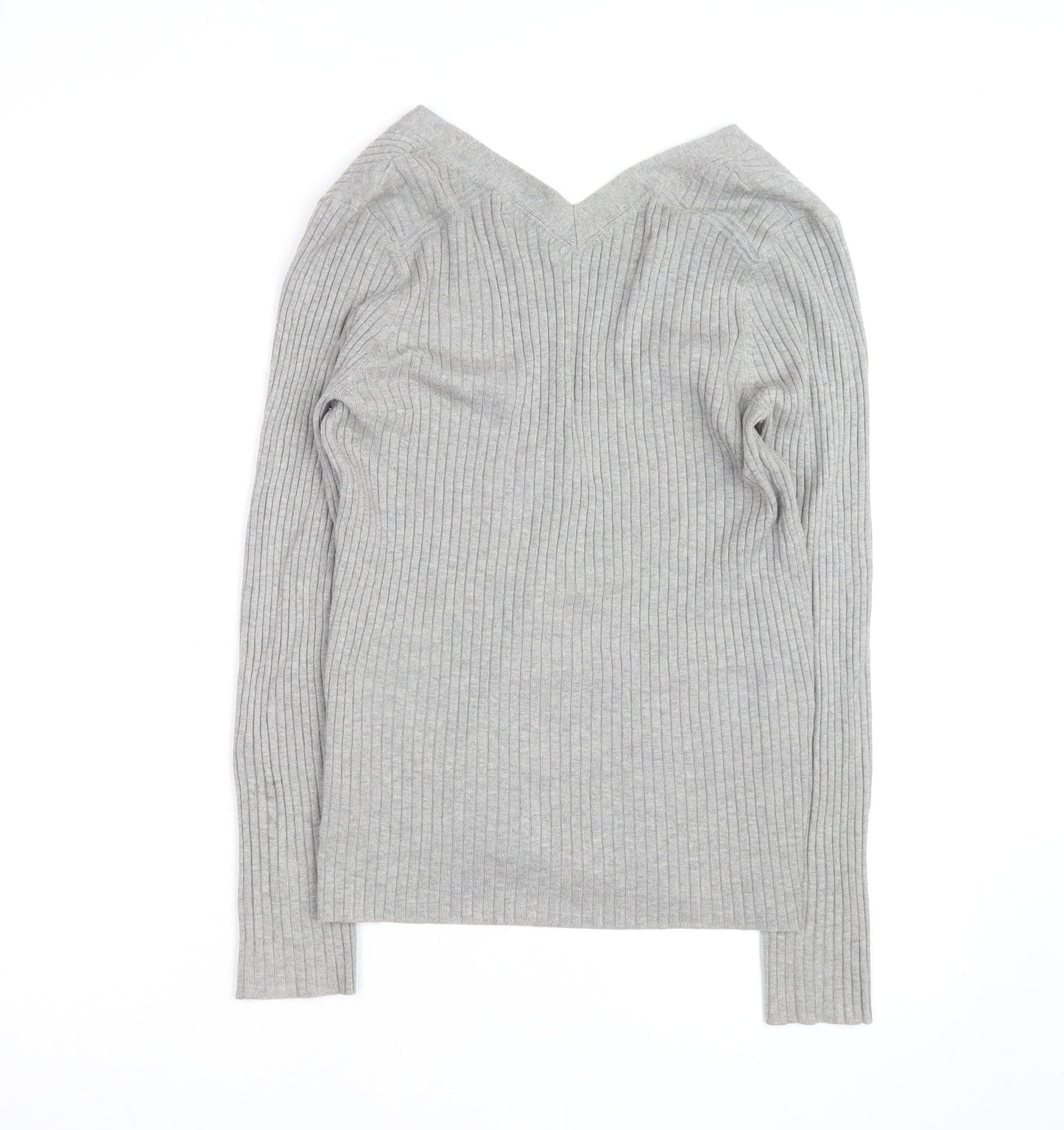 Next Womens Grey V-Neck Ribbed Knit Button Cardigan Size 14