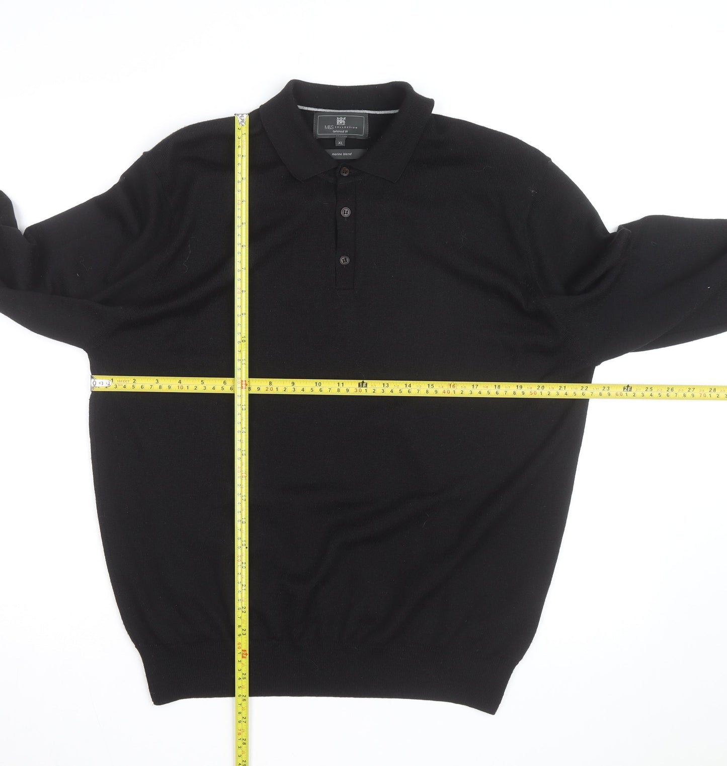 Marks and Spencer Mens Black Merino Wool Long Sleeve Polo XL Classic Fit