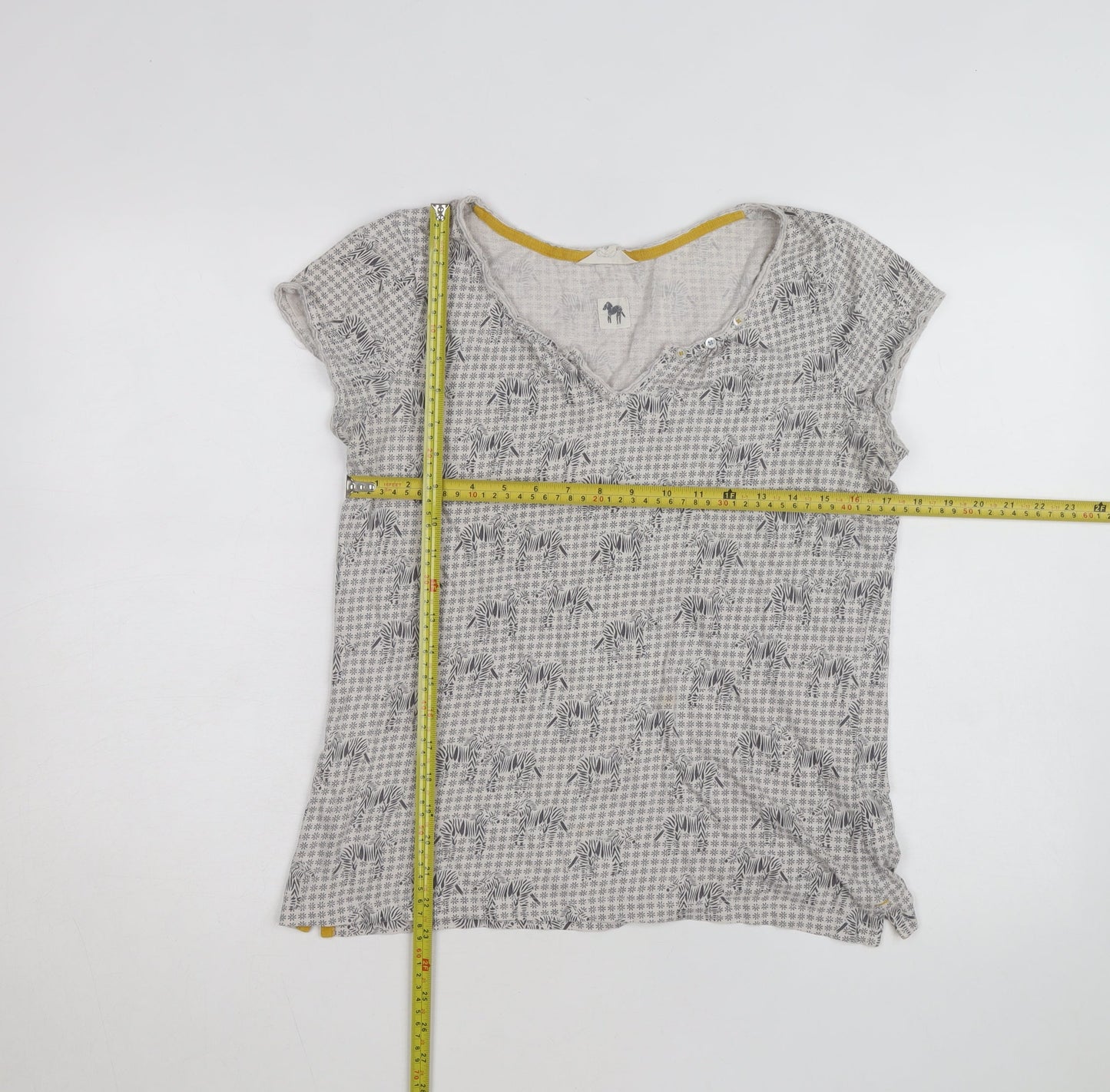 White Stuff Women's Grey Zebra Print Cotton V-Neck T-Shirt Size 12