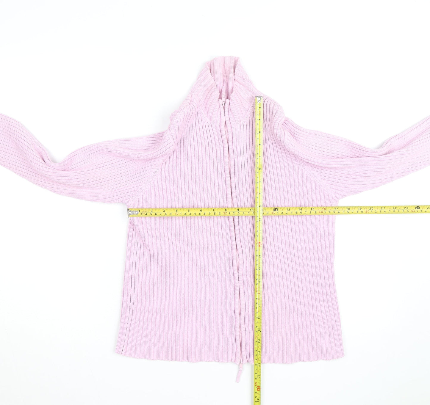 Next Women Pink Ribbed Full Zip High Neck Cotton Jumper Size L