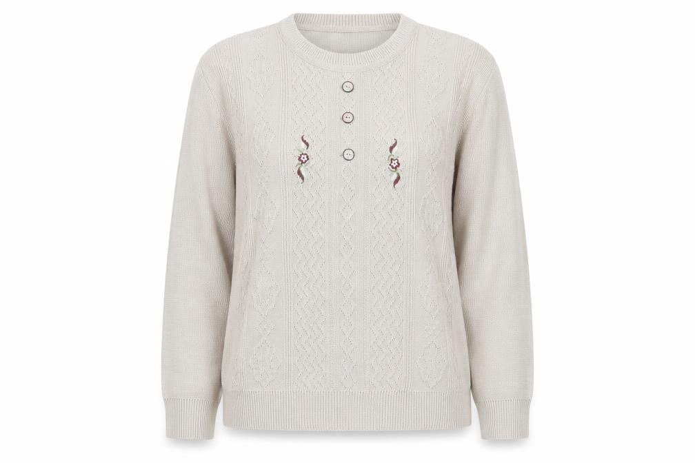 Anne Smith Women’s Beige Knit Henley Jumper M Embroidered