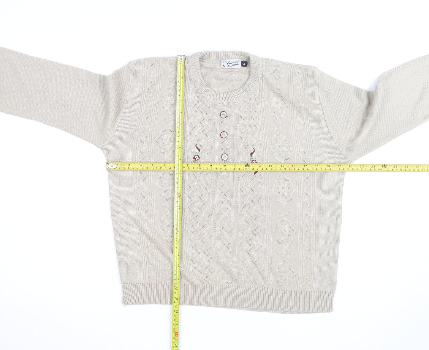 Anne Smith Women’s Beige Knit Henley Jumper M Embroidered