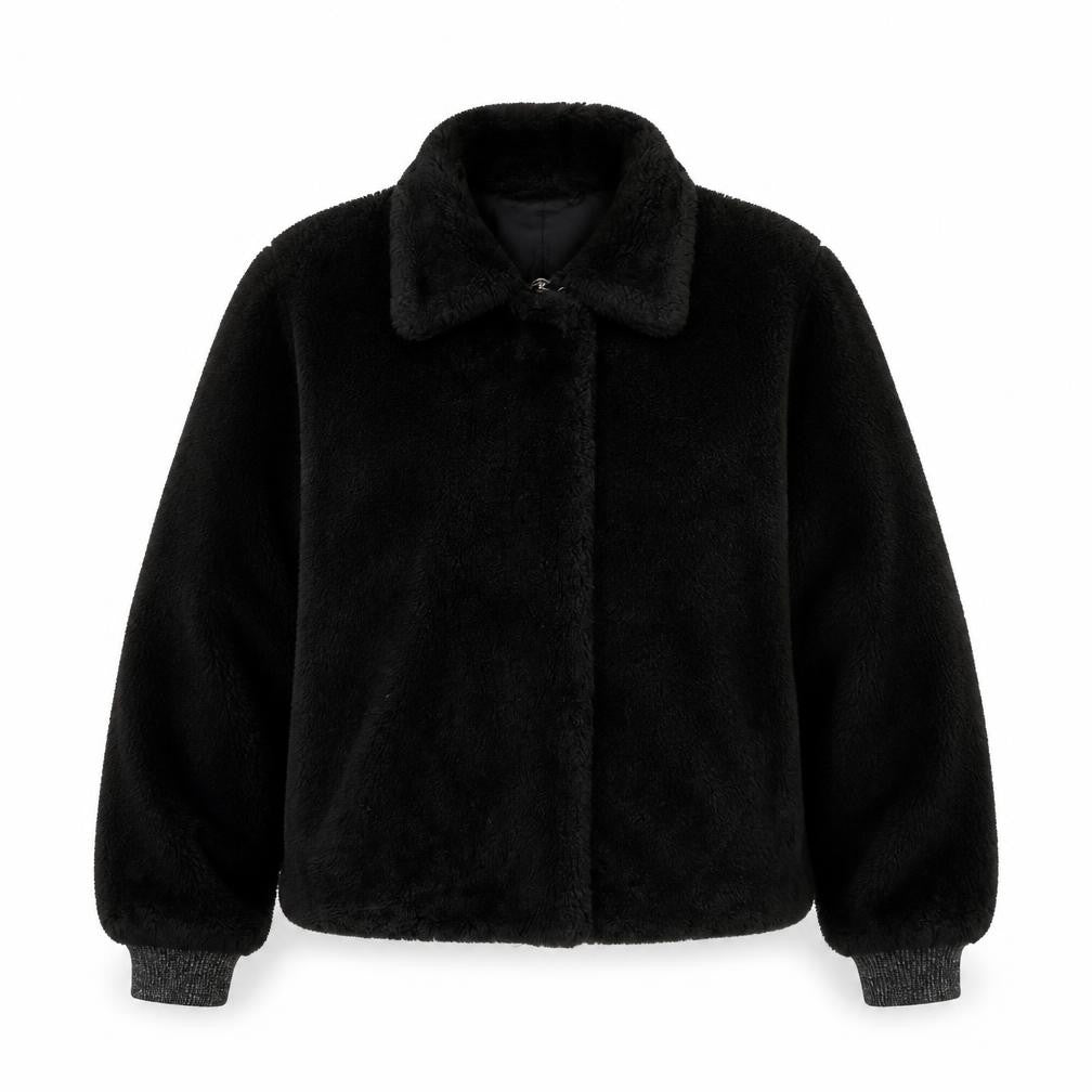 Front view of Sud Express Women’s Black Faux Fur Bomber Jacket, size S